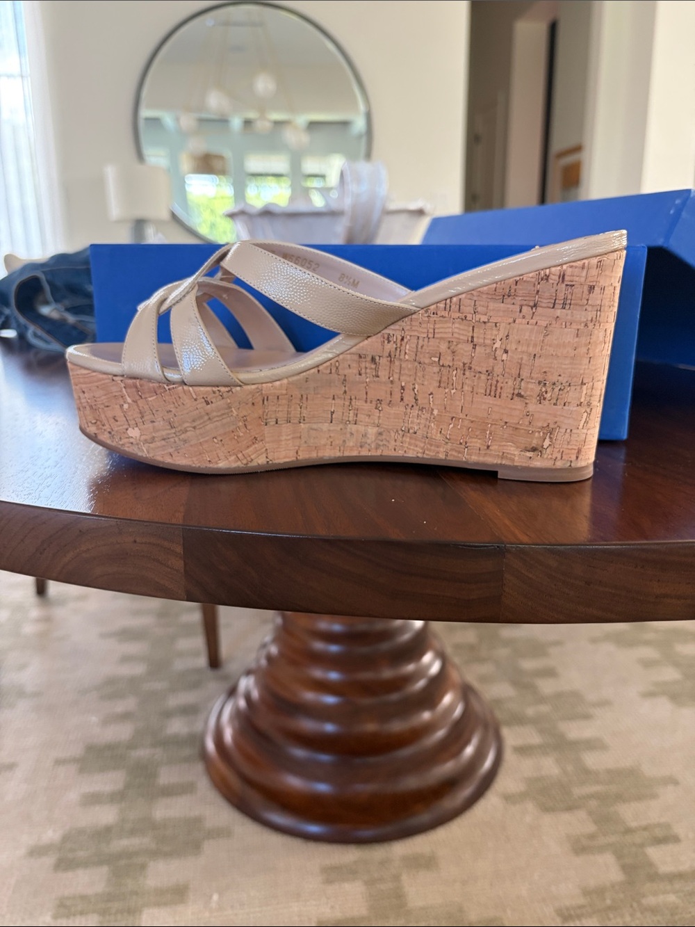 Stuart Weitzman Cadence Cork Platform Wedges Nude Patent 8.5